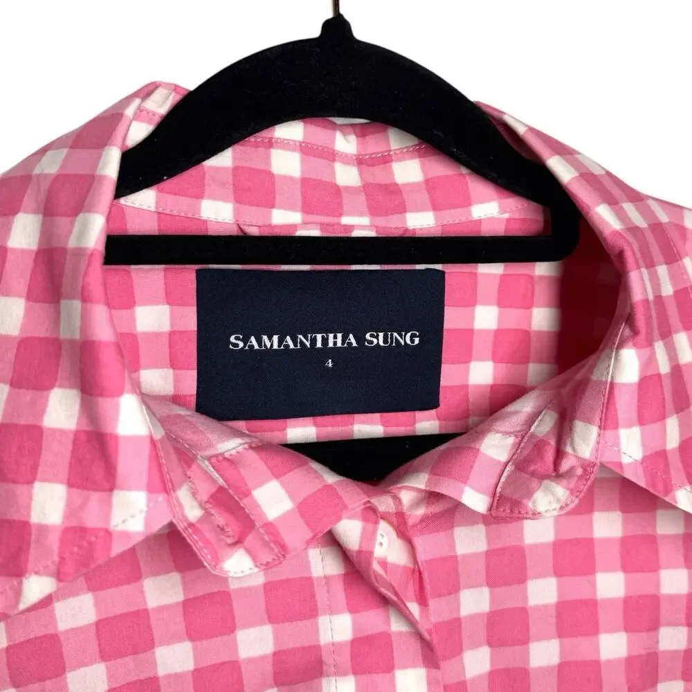 Samantha Sung Pink White Gingham Check Preppy Spring Summer Button Up Shirt - 4